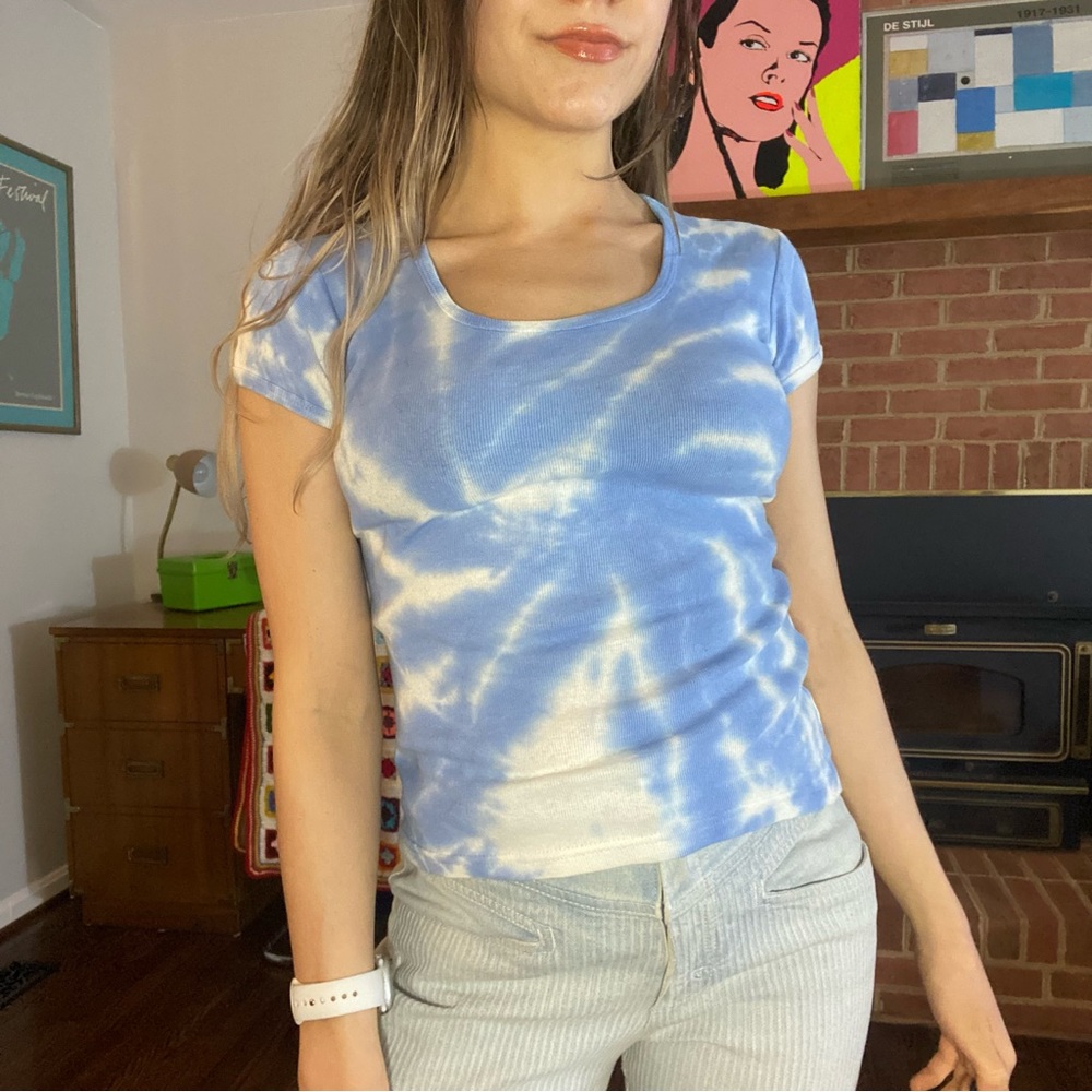 Vintage 90s Y2K Cloud Tie Dye California Made Fitted Baby Scoop Neck Pas… - Picture 2 of 12